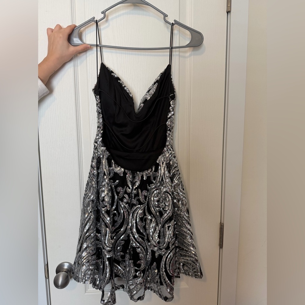 Black and Silver Sequin A-Line Party Dress - Women's
